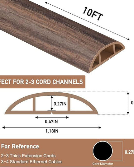 Floor Cord Cover Self Adhesive Cord Hider Floor Extension Cord Covers for Floor Power Cord Protector Cable Management Prevent Cable Trips Cable Cavity 0.47" W x 0.27" H (Smoked Brown Wood, 10Ft)