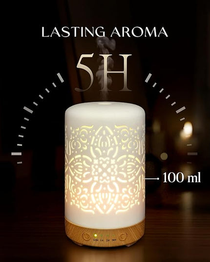 Earnest Living Essential Oil Diffuser White Ceramic Diffuser 100 ml Timers Night Lights and Auto Off Function Home Office Humidifier Aromatherapy Diffusers for Essential Oils