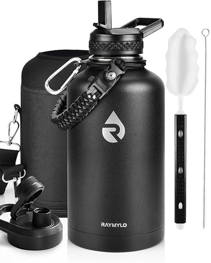 Insulated Water Bottle 64 oz, Triple Wall Vacuum Stainless Steel (Cold for 48 Hrs), Leak Proof & Non-BPA, Half Gallon Water Flask Jug with Paracord Handle & Straw Spout Lids, Magic Black