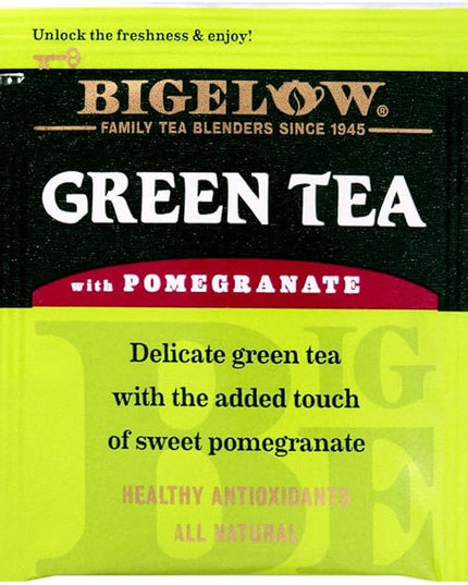 Bigelow Tea Green Tea with Pomegranate 28-Count Box (Pack of 1) Premium Green Tea with Pomegranate Rosehips Hibiscus Antioxidant-Rich All Natural Medium-Caffeine Tea in Foil-Wrapped Bags
