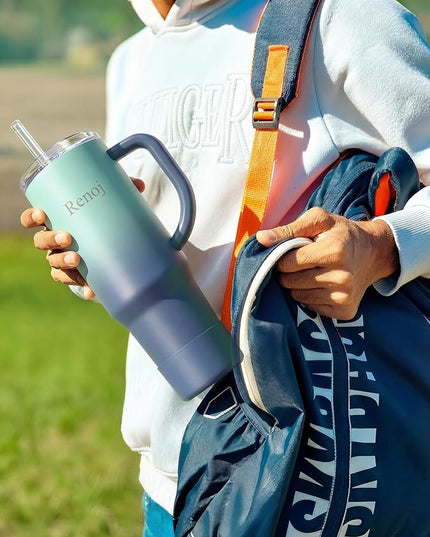 Renoj Tumbler with Handle 100% Spill Resistant Insulated Water Bottle for Iced Coffee & Hot Drinks - Fits Car Cup Holder, Ideal Gift, 2 Straws & Silicone Boot BPA-Free - FlexSlide Blue Gradient 40 oz