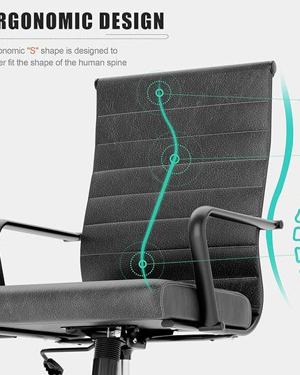 Okeysen Genuine Leather Office Desk Chair, Mid-Century Modern Real Leather Conference Room Chairs, Ergonomic Executive Ribbed Height Adjustable Swivel Rolling Chair for Home Office.