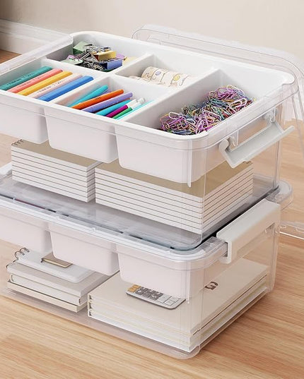 40Qt Stackable Storage Bins with Lids & Trays, Clear Plastic Latching Boxes Organizers with Dividers Portable 10Gal Containers for Arts & Crafts, Home and Car Trunk Organization, 2Pack