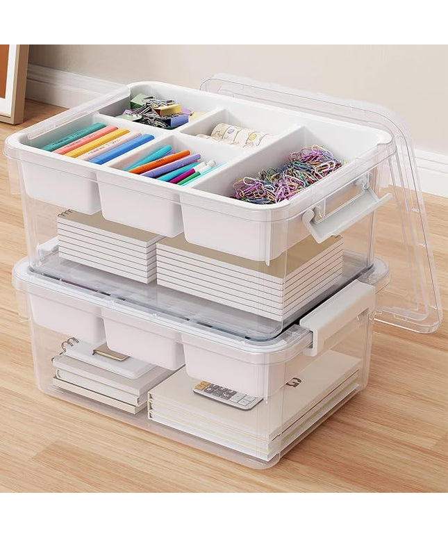 40Qt Stackable Storage Bins with Lids & Trays, Clear Plastic Latching Boxes Organizers with Dividers Portable 10Gal Containers for Arts & Crafts, Home and Car Trunk Organization, 2Pack