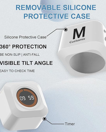 Rotating Cube Pomodoro Timer 5, 25, 10, 50 Min Preset + Custom Countdown, Desk Productivity Flip Visual Timer w/Silicone Case, Silent Mode, Ideal for ADHD Tool Study Work School (White)