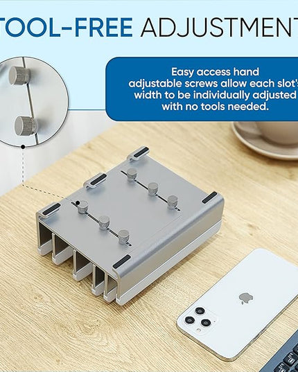 Elestoria 5- Slot Vertical Laptop Stand - Aluminum Laptop Stand Vertical for Desk - Adjustable Width (12-38mm) Fits MacBook Pro/Air, Surface & Gaming Laptops upto 17.3" - Heavy Duty Laptop Holder-Grey