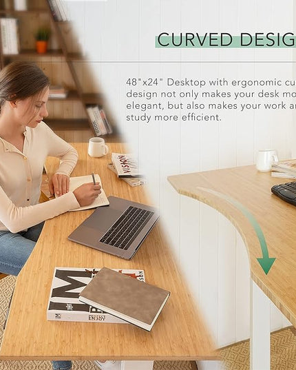 FlexiSpot E6 Bamboo 3-Stage Dual Motor Electric Standing Desk 55 x 28 Sit Stand Up Desk, Holds 220 lbs, Adjustable Height w/ Memory Presets, Solid Bamboo Curved Desktop & White Frame, Ships in 2 Boxes