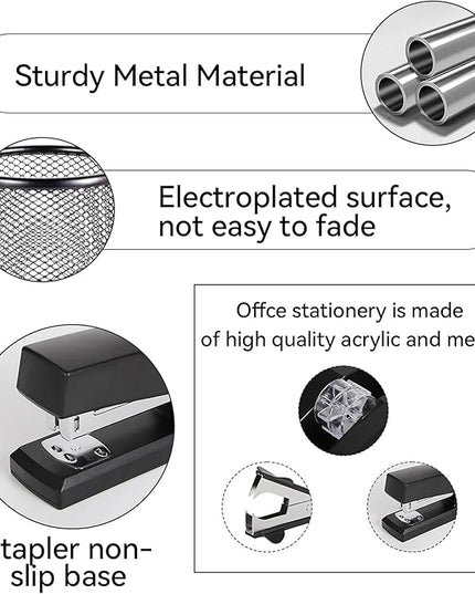 Black Desk Accessories, Office Supplies Set with Stapler, Tape Dispenser, Staple Remover, Pen Holder, Scissor, Binder/Paper Clips, Ballpoint Pen, Clear Tape and 1000pcs Staples