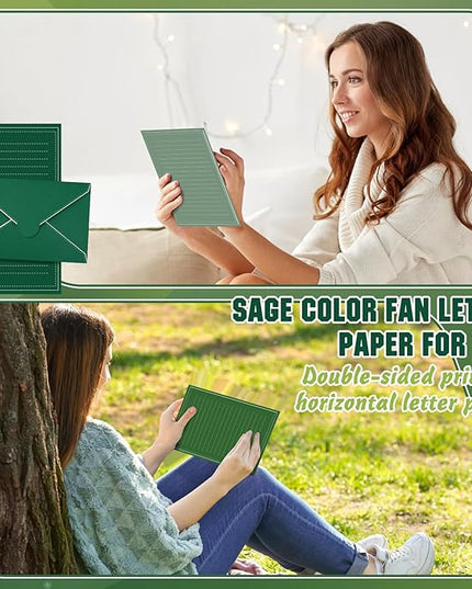 TaoBary 160 Packs Stationery Paper Set (50 Double Sided Stationery Writing Papers 50 Matching Envelopes) 60 Round Dot Sticker, 10 Design (5.5 x 8.25 Inch,Sage Green Color)