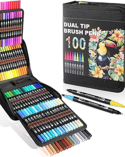 Dual Tip Markers, Brush Art Markers Set with Fine Tip and Brush Tip for Adult Coloring Book, Hand Lettering, Calligraphy & Drawing, Professional Art Supplies Kit for Adults (100 Colors)