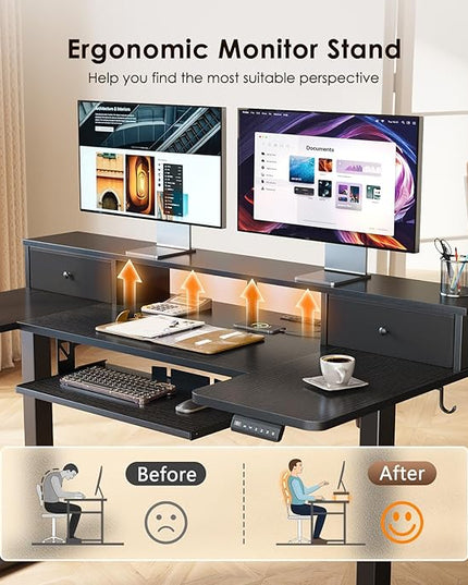 OffiGo U Shaped Electric Standing Desk with Drawers, 55 Inch Height Adjustable Desk with Keyboard Tray ＆ Ergonomic Monitor Stand, Sit Stand Table with Power Outlets for Home, Office, Black