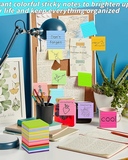 100 Pack Lined Sticky Notes Bulk 3 x 3 In Self-Stick Note Pads Colorful Posted Note in 20 Colors Adhesive Paper Memo 50Sheets/Pad Easy to Post for Office Home School Meetings Notebook Wall Door Window