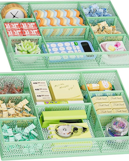 Marbrasse 2 Pack Desk Drawer Organizer, Mesh Drawer Organizer Tray with 8 Adjustable Compartments, Desk Organizers and Accessories, 5 Dividers Drawer for Office Supplies, Makeup & Vanity (Green)