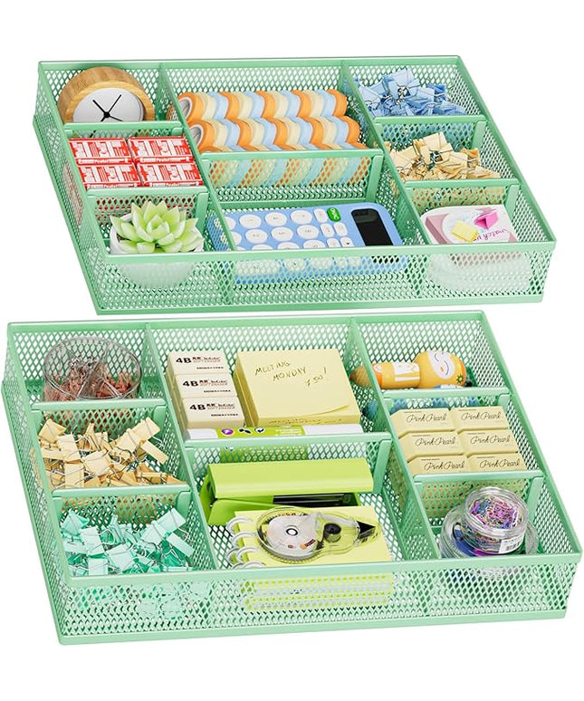Marbrasse 2 Pack Desk Drawer Organizer, Mesh Drawer Organizer Tray with 8 Adjustable Compartments, Desk Organizers and Accessories, 5 Dividers Drawer for Office Supplies, Makeup & Vanity (Green)