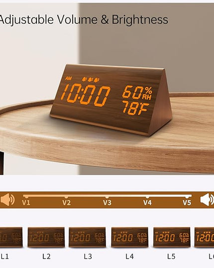 JALL Digital Alarm Clock, with Wooden Electronic LED Time Display, 3 Alarm Settings, Humidity & Temperature Detect, Wood Made Electric Clocks for Bedroom, Bedside (Brown)