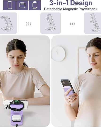 3 in 1 Wireless Charging Station: 5000mAh Removable Power Bank Charger Stand for Phone/Watch/Air Pods - Portable Magnetic Battery Pack for Air 17 16 15 14 13 12 Series Purple