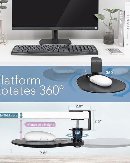 EHO Clamp on Mouse Platform, Clip on Pad Rotating 360 Degree, Ergonomic Mouse Tray Attachment, Mouse Pad, Slide Out Tray, Suitable for 1.5" Thickness Desk, for Home Office Desk Organizer (Platinum)