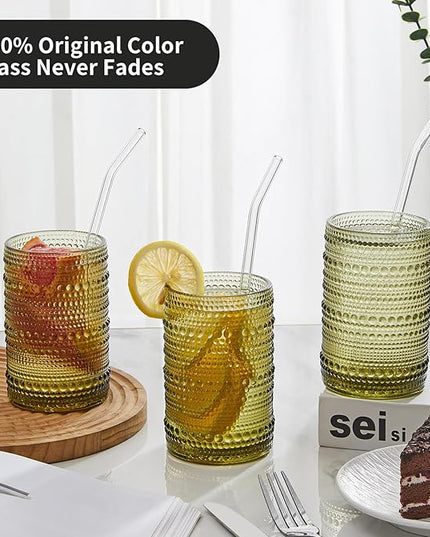 Vintage Hobnail Drinking Glasses Set of 12, 15 oz Highball Glasses & 12 oz Cocktail Glasses Set, Green Kitchen Water Glasses Cup, Bar Tumbler Glassware Set for Beer, Juice, Whiskey, Milk