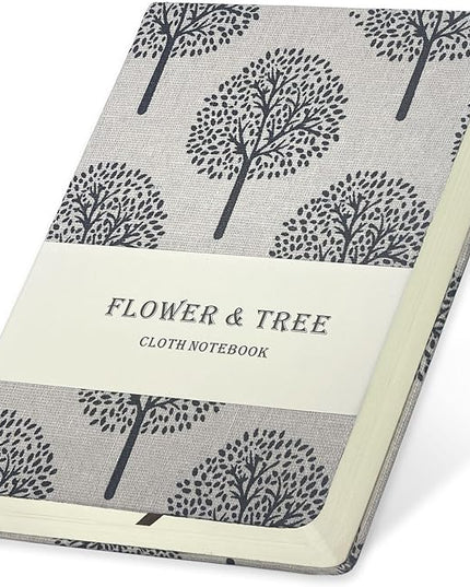 B6 Small Notebooks 5x7, Linen Cloth, Hardcover, Lay Flat, Ruled & Blank 264 Pages Thick Sketchbook, Black Tree Beige Fabric, Wear-resistant Writing Journal