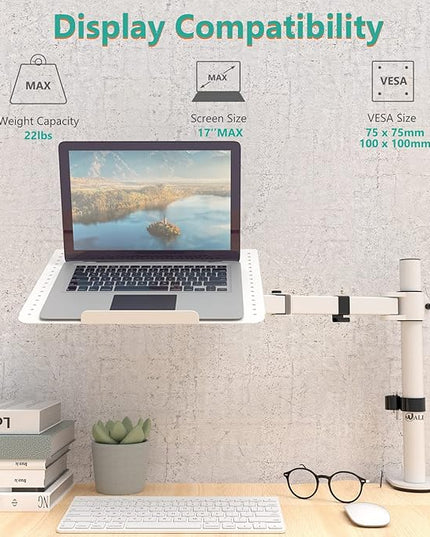 WALI Laptop Mount Arm for Desk, Laptop Tray, Fully Adjustable, up to 17 inch, 22lbs, with Vented Cooling Platform Stand (M00LP-W), White