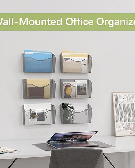 EasyPAG 6 Single Pocket Wall File Organizer, Mesh Hanging File Folder Organizer for Letter/A4 Size Folders, Wall Mounted Vertical Mail Holder for Paperwork, Office, Home, School, Silver