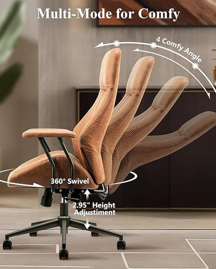 Mid Century Modren Office Chair,High Back Ergonomic Executive Chair with Lumbar Support, Computer Desk Swivel Task Chair with Wheels, Faux Lether Suede Fabric Home Chair (High Back, Brown)