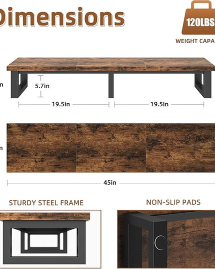 YAOHUOO 45" Large TV Riser for 32-60 inch TV, TV Riser Stand Shelf with Steel Legs,Tabletop TV Stand Riser for Home Office,Rustic Brown
