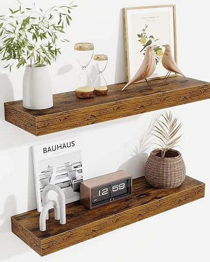 Fun Memories Floating Shelves Set of 2, 24 Inch Floating Shelves for Wall, Wood Wall Shelves with Invisible Brackets, for Bathroom, Bedroom, Living Room, Kitchen, Rustic Brown
