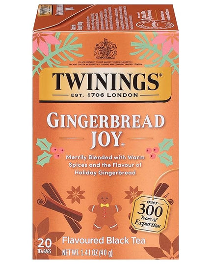 Twinings Gingerbread Joy Black Tea Individually Wrapped Bags, 20 Count (Pack of 1), Ginger & Cinnamon, Caffeinated, Enjoy Hot or Iced, 20 Teabags