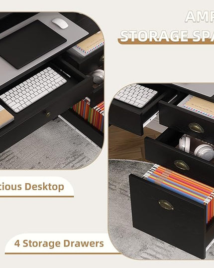 4 EVER WINNER Black Desk with Drawers, Small Desk with File Drawer and Monitor Stand, Computer Desk with Storage, Writing Desk for Bedroom Home Office, Black