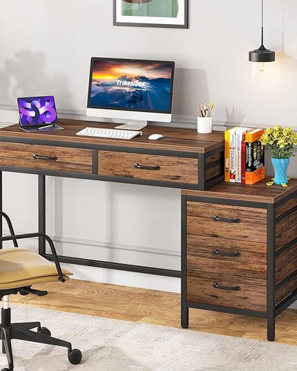Tribesigns Computer Desk with 5 Drawers, Home Office Desks with Reversible Drawer Cabinet Printer Stand, Industrial PC Desk with Storage, Rustic Study Writing Table Workstation for Small Spaces