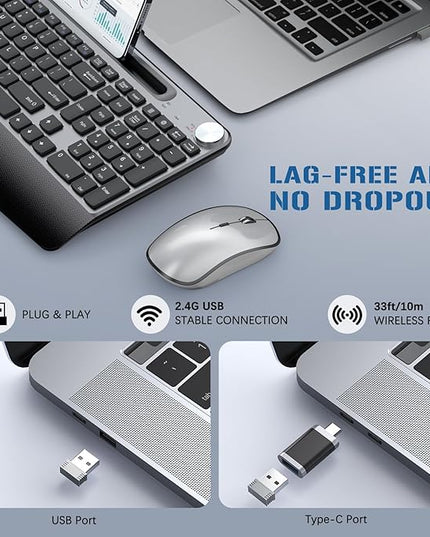 JOYACCESS Wireless Keyboard and Mouse, Ergonomic Wireless Keyboard with Wrist Rest and Phone Holder, Quiet Computer Mouse for Mac PC Laptop-Black Grey