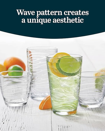 Libbey Orbita Rocks and Tumbler Drinking Glasses Set of 16, Durable Glass Cups Set with Wave Pattern, Glassware Drinking Glasses for Any Occasion