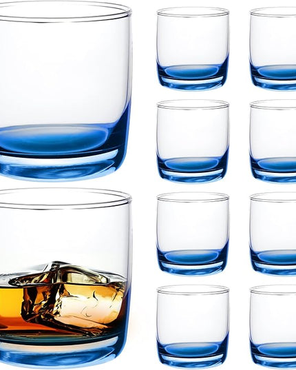 DISCOUNT PROMOS Whiskey Glasses 10 oz Set of 10, Bulk Pack - Heavy Base Old Fashioned Glass, Perfect for Scotch, Bourbon, Whiskey, Cocktail - Blue Bottom Color