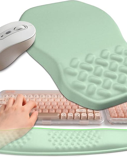 2-in-1 Ergonomic Set, Wave Keyboard Wrist Rest and Massage Slope Mouse Pad Wrist Support, Rebound Memory Foam for Relieve Carpal Tunnel Syndrome and Wrist Pain (Light Green)