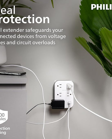 Philips EZFit 5-Outlet Extender Wall Tap with Surge Protection, Grounded Adapter, Charging Station, 3 Prong, 1 USB-A, 1 USB-C, 900J, White, SPP3513W/37