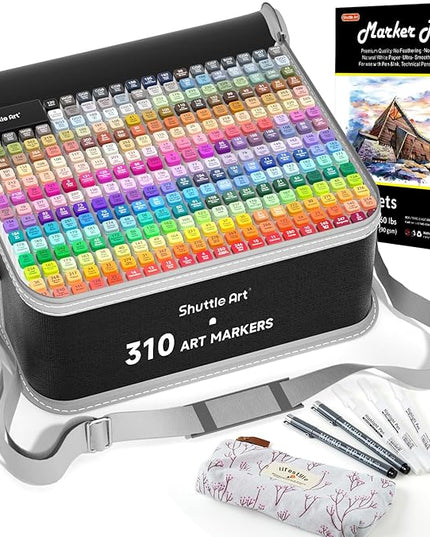 Shuttle Art 310 Colors Alcohol Markers, 309 Colors Dual Tip Art Marker Set Plus Colorless Blender, Micro-tip Pens, White Highlighter Pens, Marker Bag with Holders Perfect for Students Adults Coloring