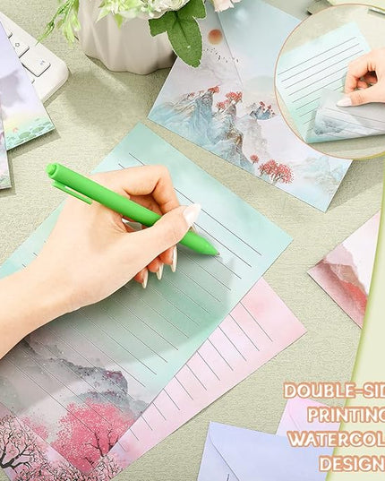 TaoBary 160 Pcs Stationery Paper Set 50 Double Sided Stationery Papers with 50 Matching Envelopes and 60 Round Dot Sticker, 10 Design(Ink Painting,5.5 x 8.25 Inch)