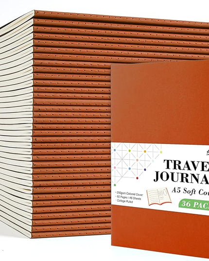 feela 36 Pack Soft Cover Journal Bulk, Lined Blank Travel Journal for Women Men Writing, Notebooks College Ruled for Work, Note Taking Notebook School Business Supplies, 8.2” x 5.5”, A5, Dark Orange