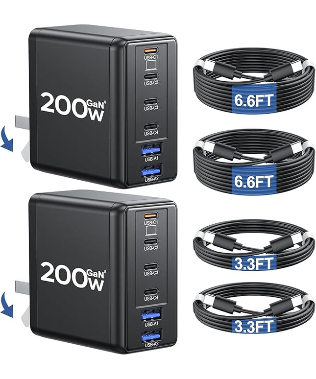2 Pack 200W USB C Charger with 4 USB Cables, 6-Port Wall Charger, Laptop Fast Charger Type C Charging Block for MacBook Pro, Dell XPS, iPhone 17, iPad, Tablet, Chromebook Black
