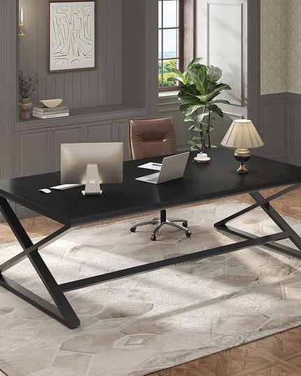 IBF Large Black Computer Desk, 70.8” Long Writing Desk for Home Office, Modern Simple Executive Work Study Desk for Two Person, Wood Double PC Gaming Workstation Computer Table for Bedroom, Black Oak