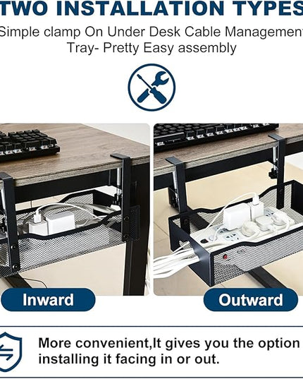 Large Under Desk Cable Management Tray - Heavy Duty Metal Cord Organizer with No Drill Installation for Office & Home Office Desks to Hide Wires & Power Strips (Black, XL)