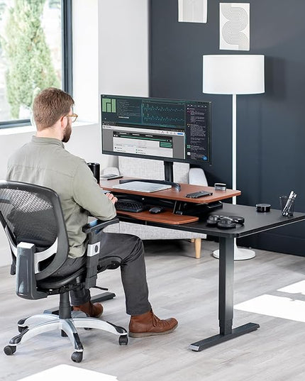 VIVO 42 inch Desk Converter, K Series, Height Adjustable Sit to Stand Riser, Dual Monitor and Laptop Workstation with Wide Keyboard Tray, Dark Walnut Top, Black Frame, DESK-V042KA