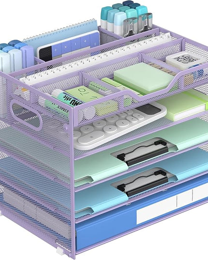 Docnest 5 Tier Mesh Desk Organizer- Letter Tray with Adjustable Compartments, Mesh Desktop Storage Built in Pen Holder and Handles, Desk Organizer Tray for Mail Documents Office Supplies–Purple