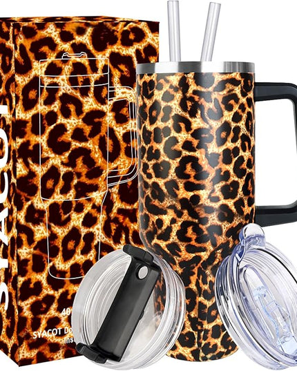 SYACOT 40 oz Tumbler with Handle and Straw Stainless Steel Insulated Tumbler Leak Proof Lid and Straw Lid Reusable Travel Mug Coffee Mug Cup Dishwasher Safe Keep Drinks Cold and Hot (Leopard)