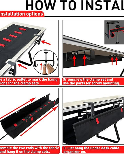 [Upgraded] Under Desk Cable Management, 28" Cord Organizer, with Silicone Pads (No Scratch!), 16 Cable Ties, Washable PE Honeycomb Base,Fits Any Desk 0-2.1", No Stinky Cardboard!Black