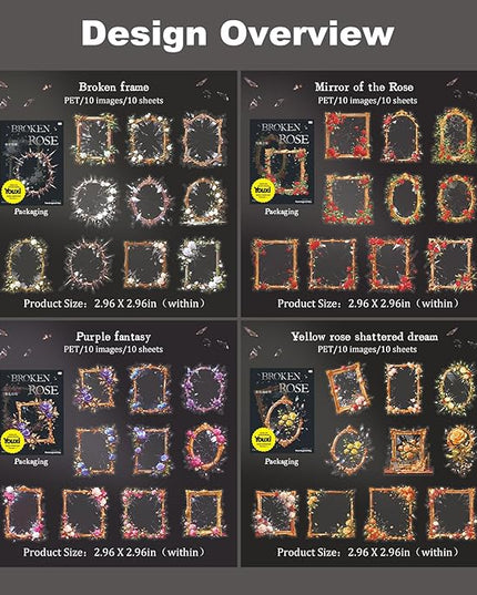 AuriicLeaf Broken Mirror Frame Stickers Set, 40PCS Gothic Rose PET Scrapbook Supplies for Journaling, DIY Crafts, and Planners