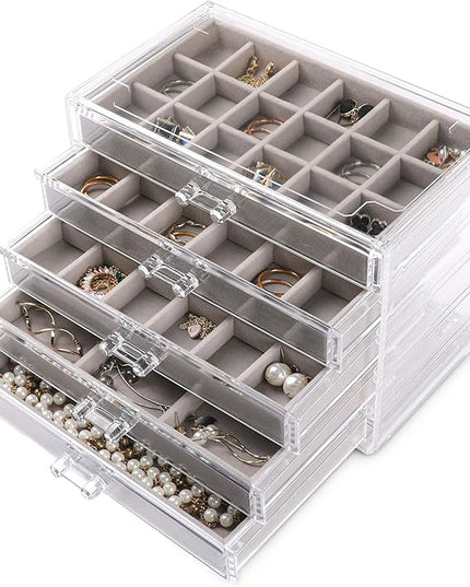 Frebeauty Acrylic Jewelry Organizer Earring Organizer Box with 5 Drawers Earring Holder Organizer with Velvet Trays Clear Jewelry Box for Women Earring Display for Rings Studs(Grey)