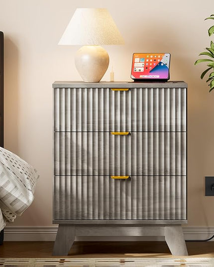 BORNOON 30.5" Nightstand with Charging Station, 3-Drawer Fluted Bedroom Chest, Wood Bedside Dresser with Power Outlets and USB Ports, Metal Slides, Stable Base, Modern Storage Cabinet for Small Spaces