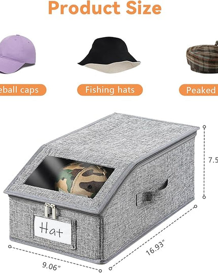 Linen Hat Organizer for Baseball Caps, Hat Storage for Closet with Clear Window, Breathable Fabric Cap Box for Snacks, Socks, Stackable Hat Storage Organizer for Men/Women(4 Pack,Grey)